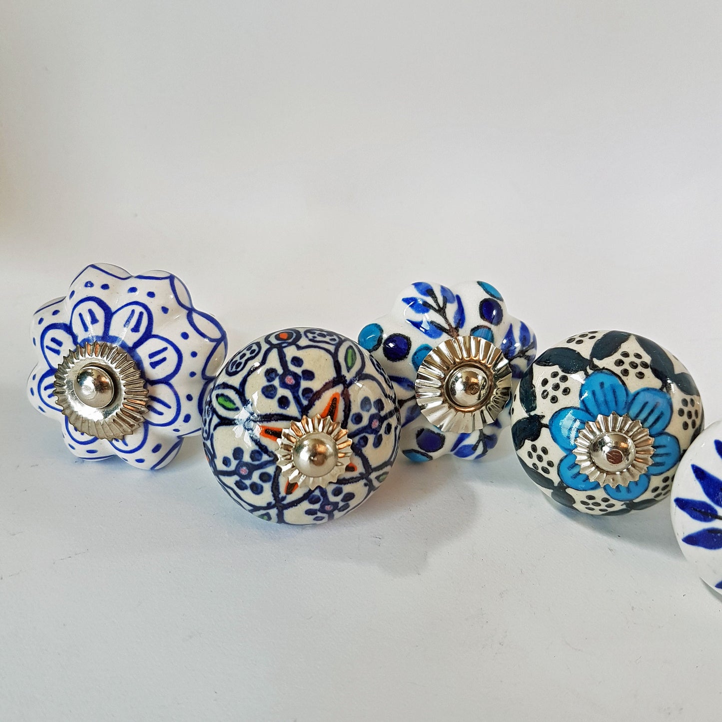 Delphine set of 8 cabinet knob drawer pulls. Designer collection in classic Delft Dutch blue & white floral patterns. Easy DIY decor fix! - Vintage India Ca