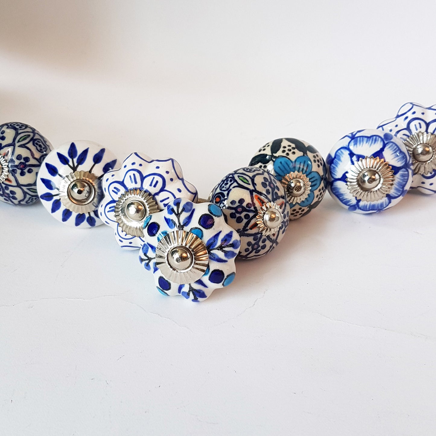 Delphine set of 8 cabinet knob drawer pulls. Designer collection in classic Delft Dutch blue & white floral patterns. Easy DIY decor fix! - Vintage India Ca