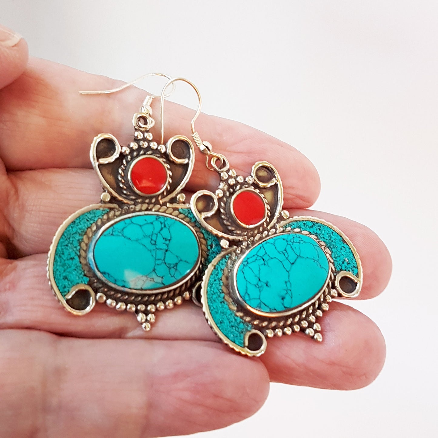 Turquoise & silver tone Boho gypsy tribal earrings. Ethnic statement drop design with coral accents. Tibetan style 2 inch hang by 1.5 inch. - Vintage India Ca