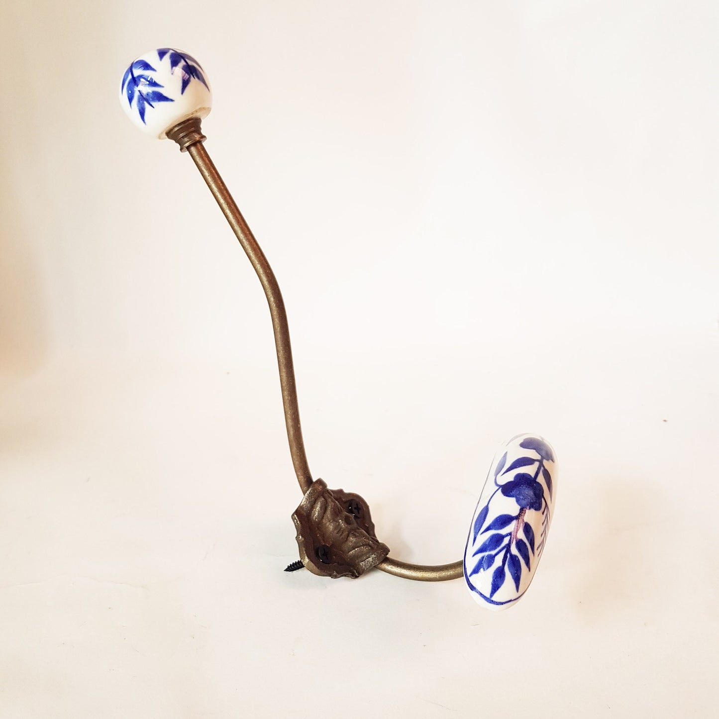 Pair of blue & white double tier coat hooks. Set of 2 wall hooks in Dutch Delft design. Hang coats, jackets, clothing, towels wrinkle free. - Vintage India Ca