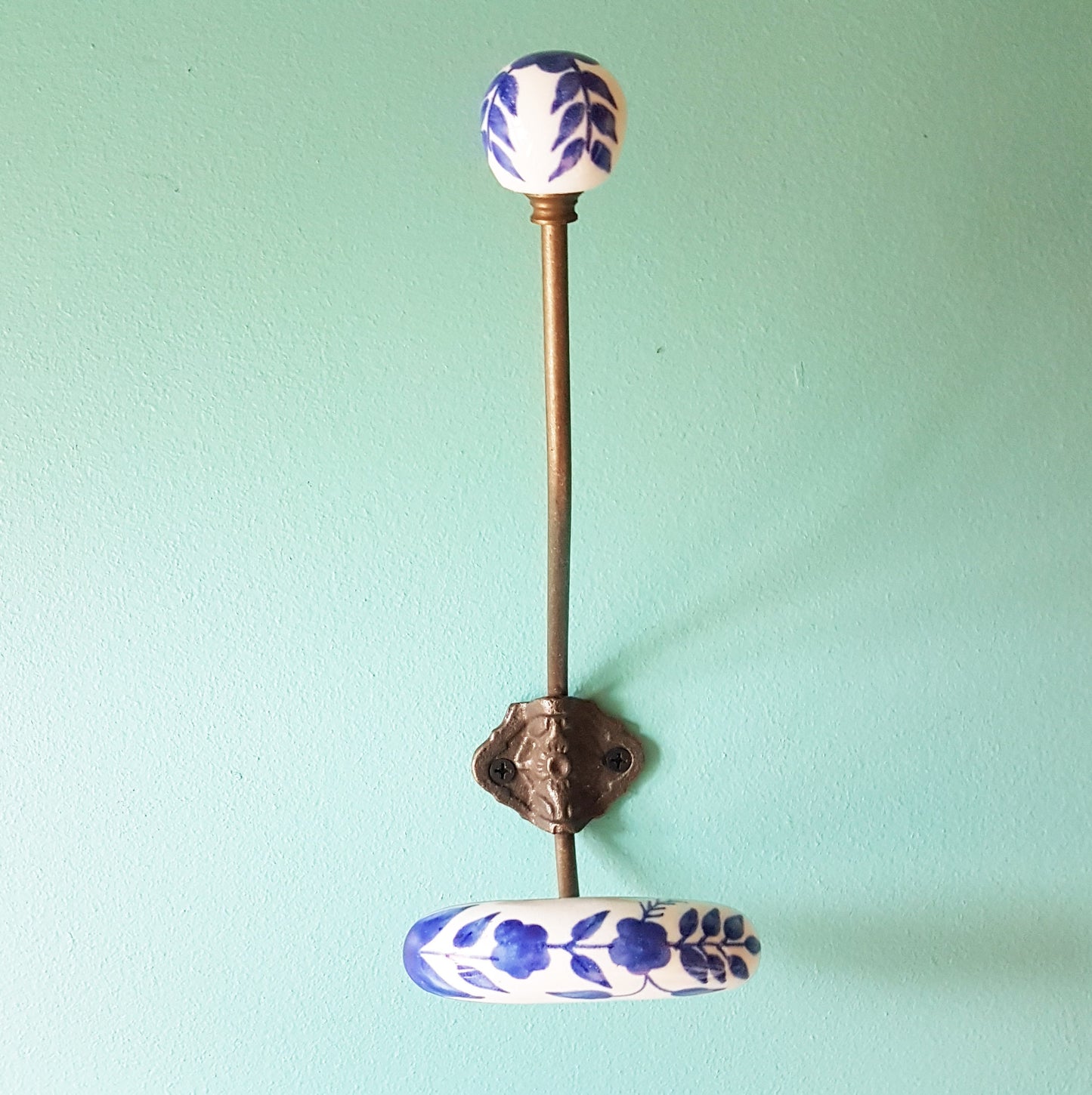 Pair of blue & white double tier coat hooks. Set of 2 wall hooks in Dutch Delft design. Hang coats, jackets, clothing, towels wrinkle free. - Vintage India Ca