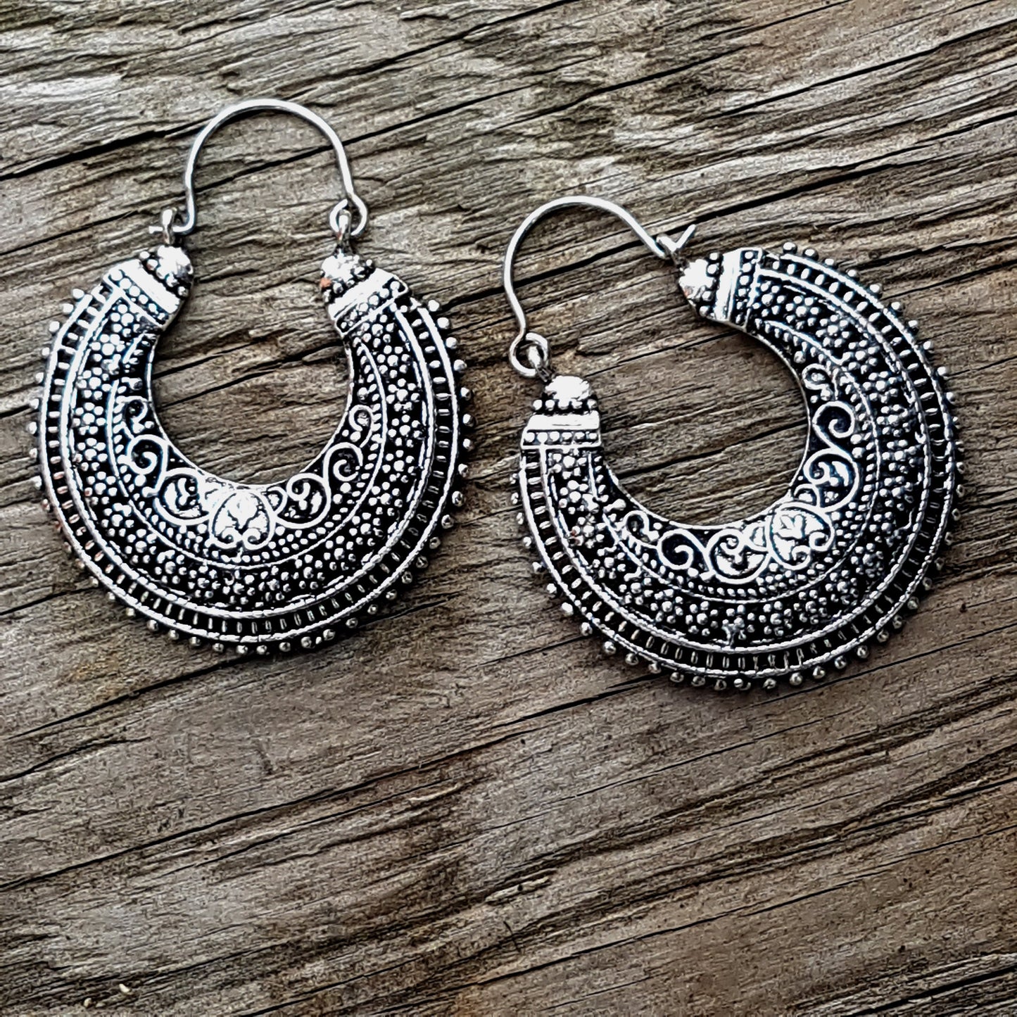 Large tribal boho hoop earrings in antique silver finish. Creole style. Light weight with delicate embossed pattern. 2 inch size. - Vintage India Ca