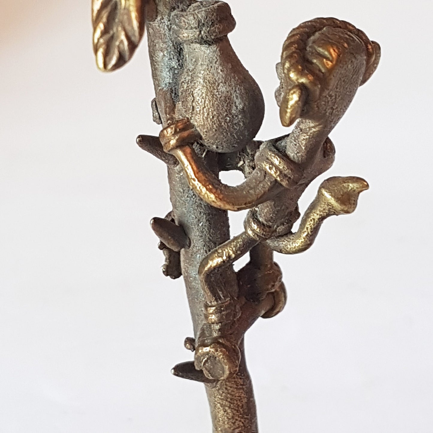 Vintage bronze monkey art sculpture. Monkey picking coconuts from tree. Animal metal collectable. India tribal art statue. 8 by 3 inches.. - Vintage India Ca