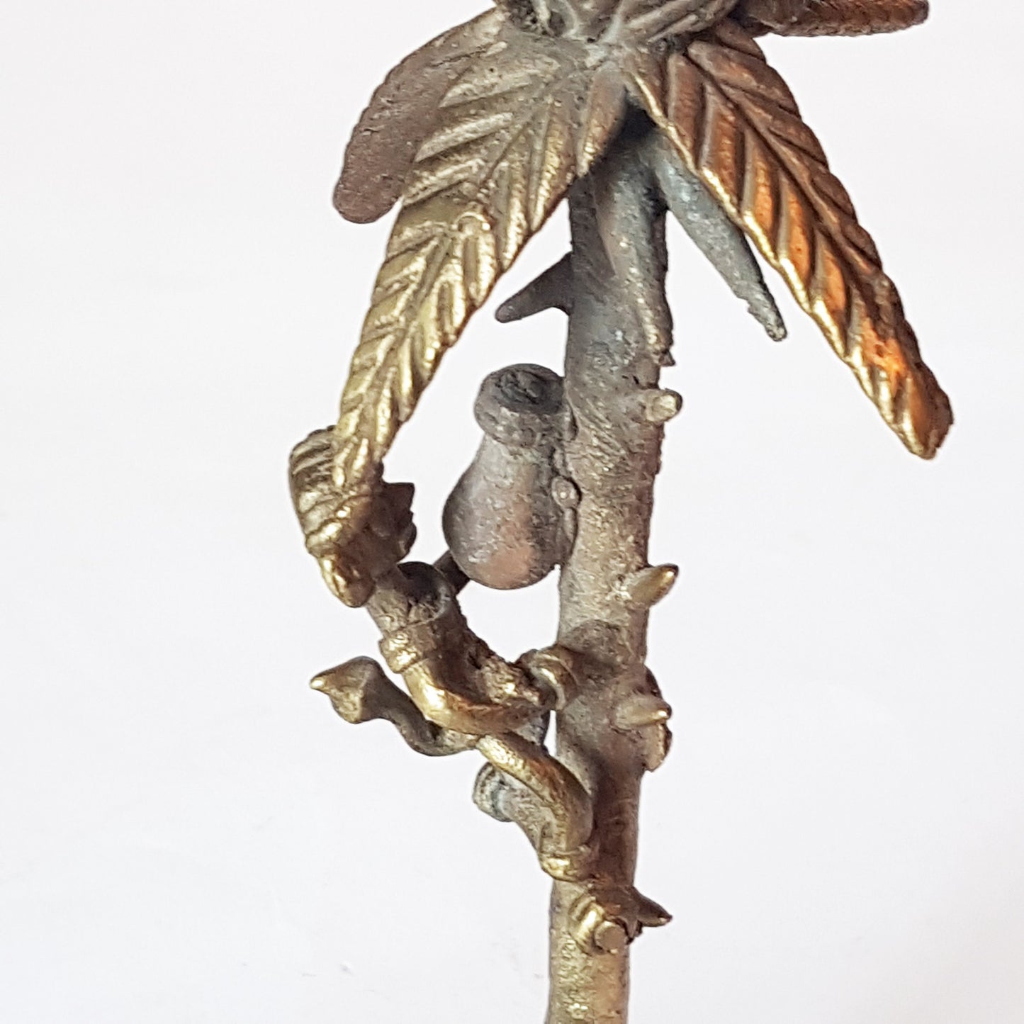Vintage bronze monkey art sculpture. Monkey picking coconuts from tree. Animal metal collectable. India tribal art statue. 8 by 3 inches.. - Vintage India Ca