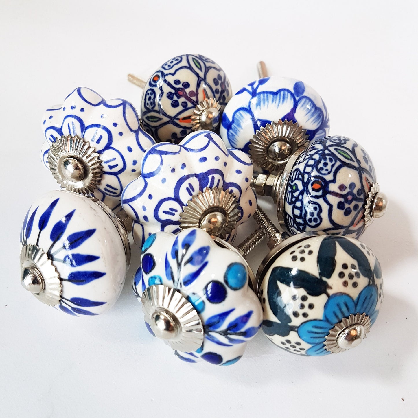 Delphine set of 8 cabinet knob drawer pulls. Designer collection in classic Delft Dutch blue & white floral patterns. Easy DIY decor fix! - Vintage India Ca