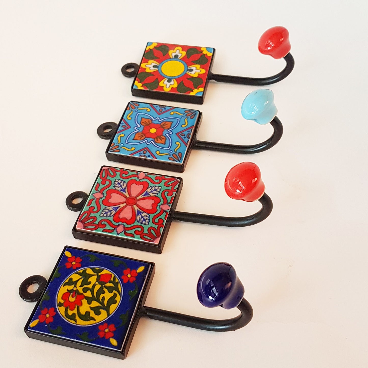 Set of 4 coat, cup and towel hooks for kitchen, bath & hallway. Hand painted Tosca designer collection. Functional and decorative decor. - Vintage India Ca