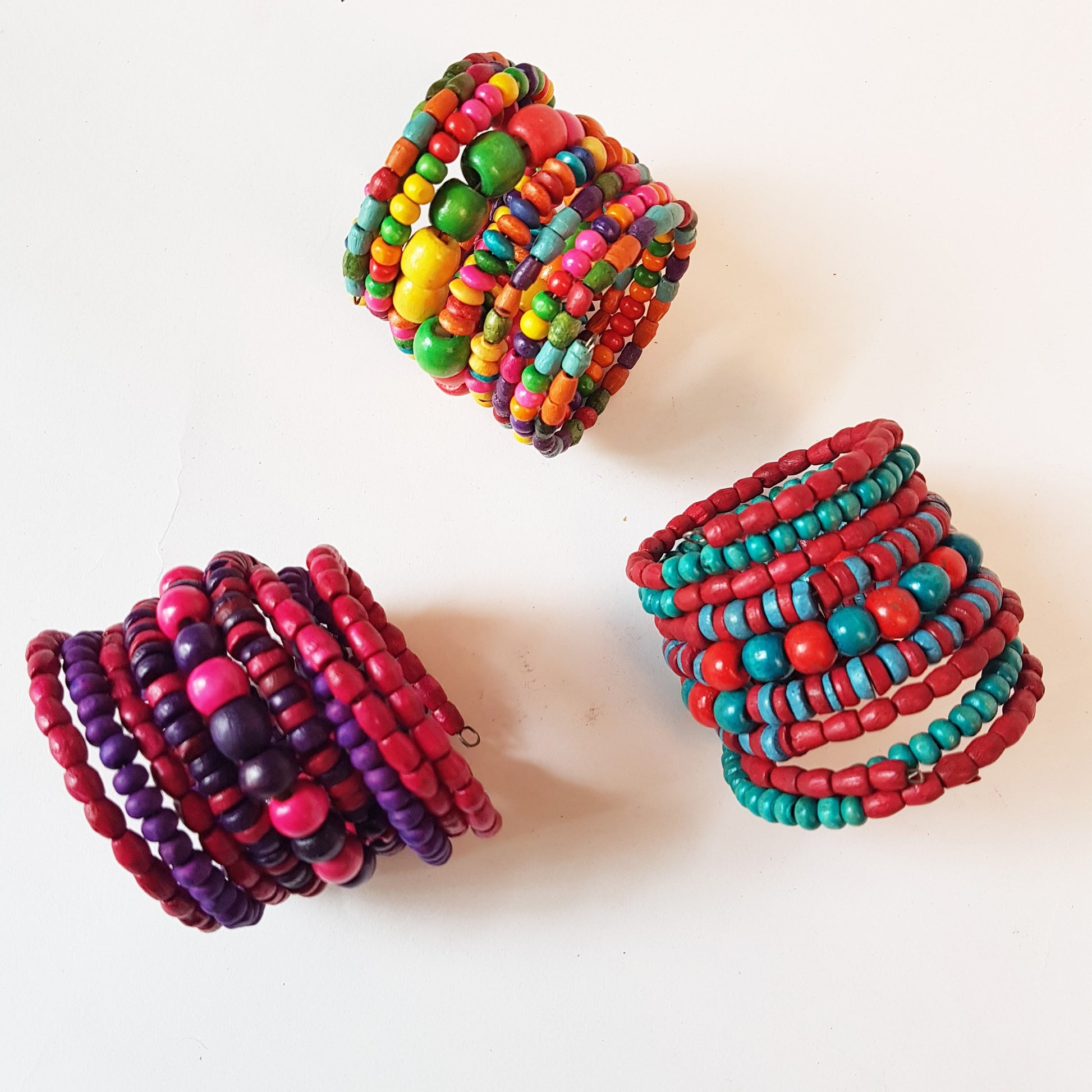 Colorful coil wrap spiral bracelet with adjustable memory wire. Tribal boho ethnic statement. Vibrant summer festival bracelets in 3 combos. - Vintage India Ca