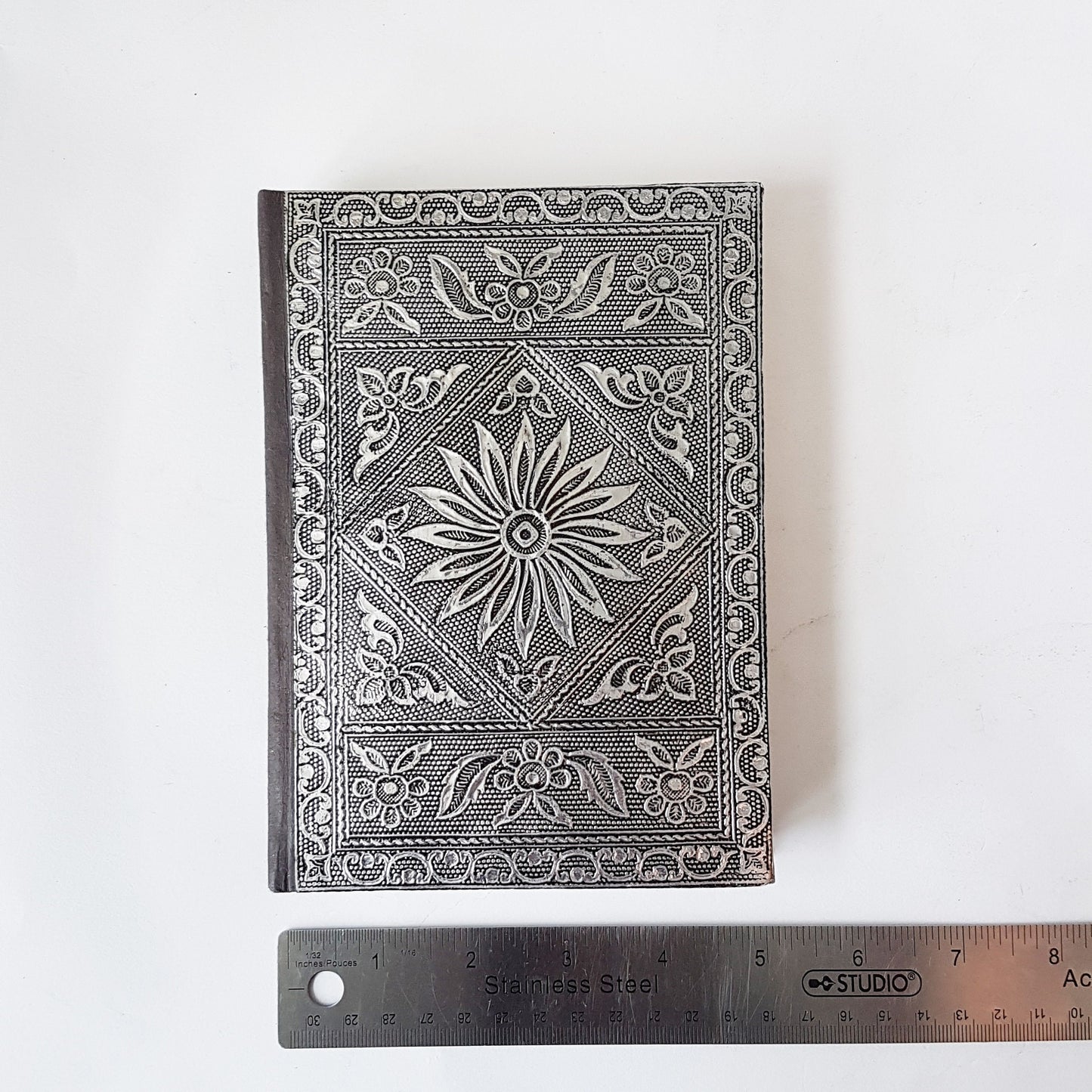 Journal notebook with medieval hardcover design 5x7 inch. Antique silver embossed cover. Use as sketchbook, bullet journal, personal diary. - Vintage India Ca
