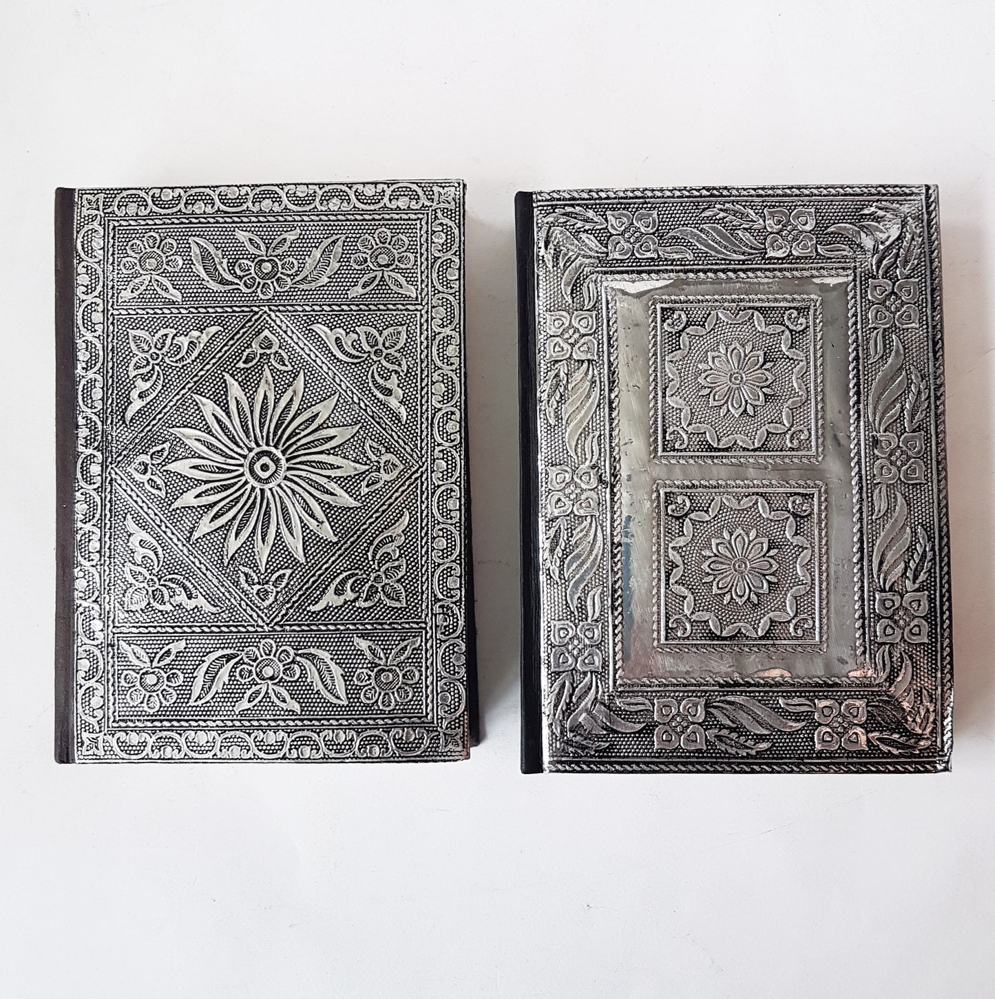 Journal notebook with medieval hardcover design 5x7 inch. Antique silver embossed cover. Use as sketchbook, bullet journal, personal diary. - Vintage India Ca