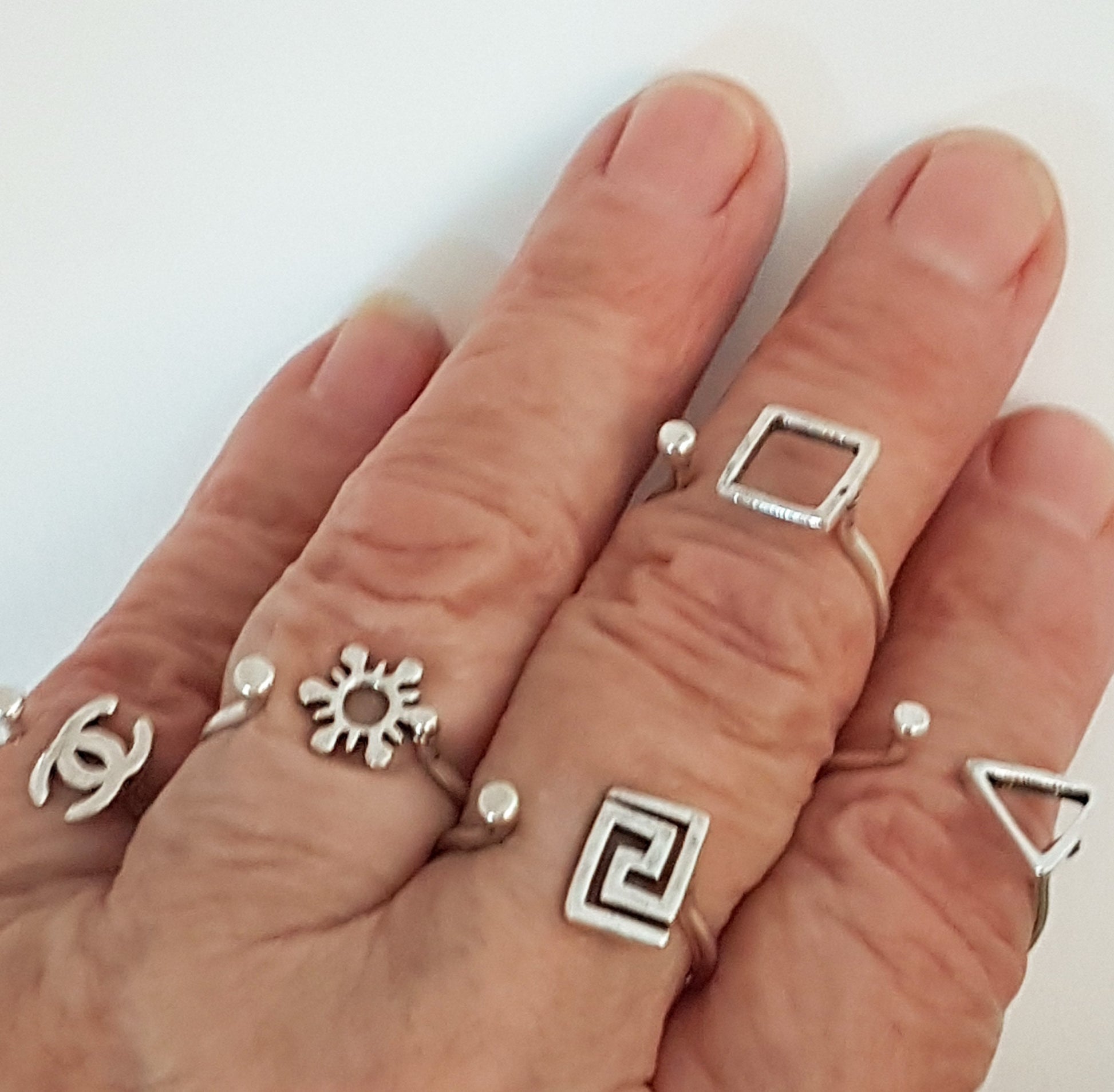 Dainty silver rings set of 5. Adjustable sizes Celtic design. Sun moon square triangle maze. Wear on thumb & all fingers or as knuckle ring. - Vintage India Ca