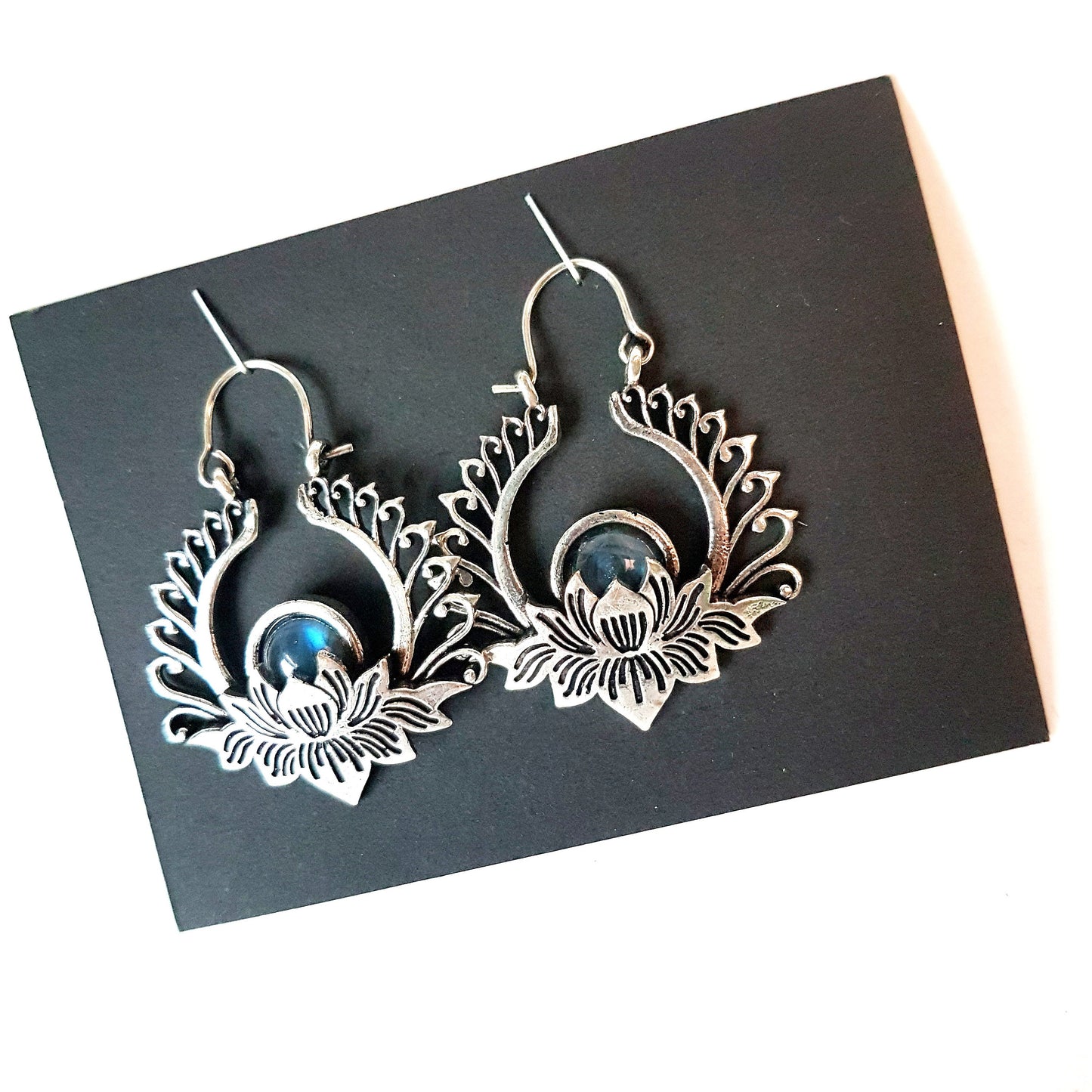 Fabulous silver lotus flower gemstone earrings. Esoteric and metaphysical theme jewelry. Large hanging earrings with semi precious stones. - Vintage India Ca