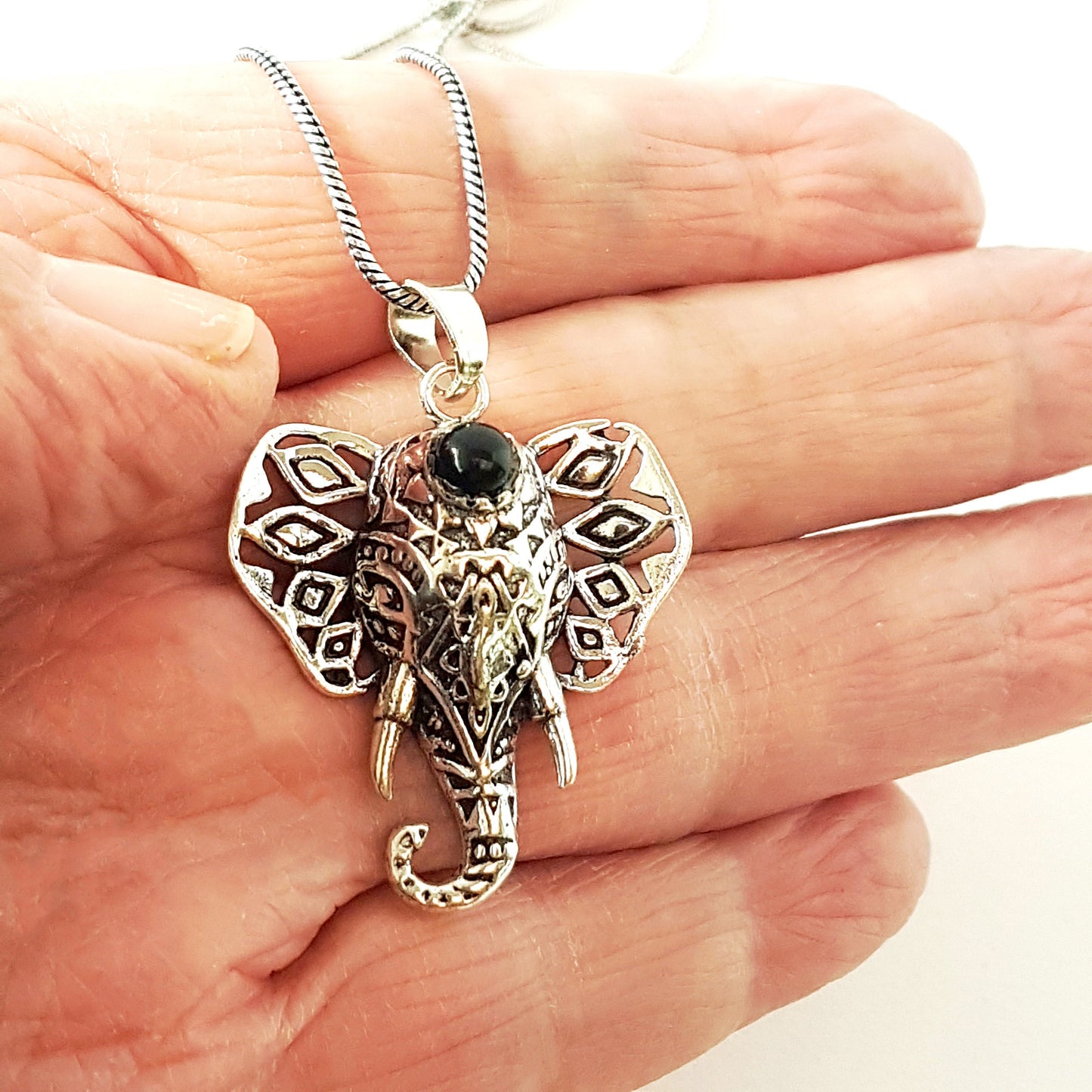 Silver elephant pendant necklace. Semi precious stone elephant jewelry. Unique pierced metal design. Third eye gemstone. Obstacle Remover. - Vintage India Ca
