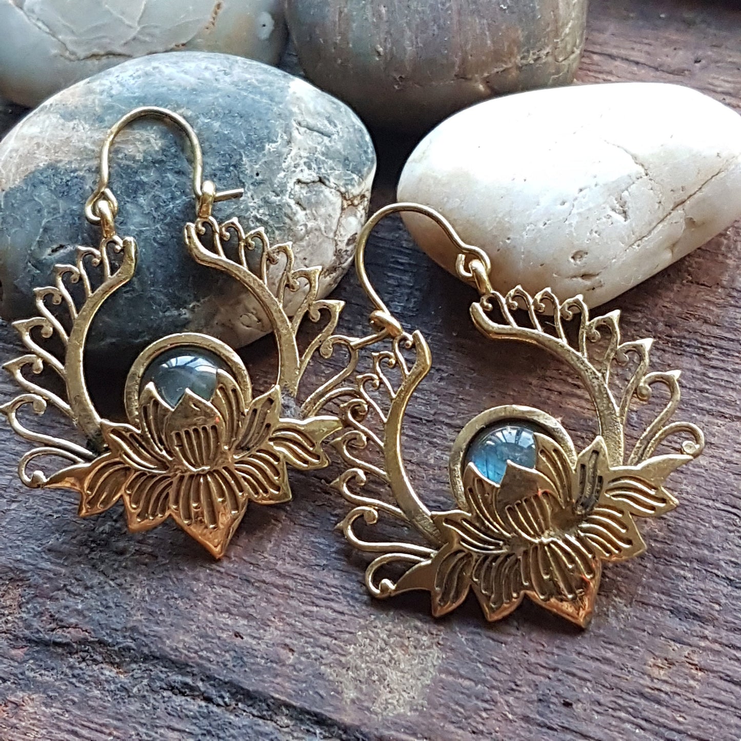Stunning gold finish lotus flower earrings with labradorite stones. Esoteric and metaphysical theme jewelry. Large hanging earrings. - Vintage India Ca