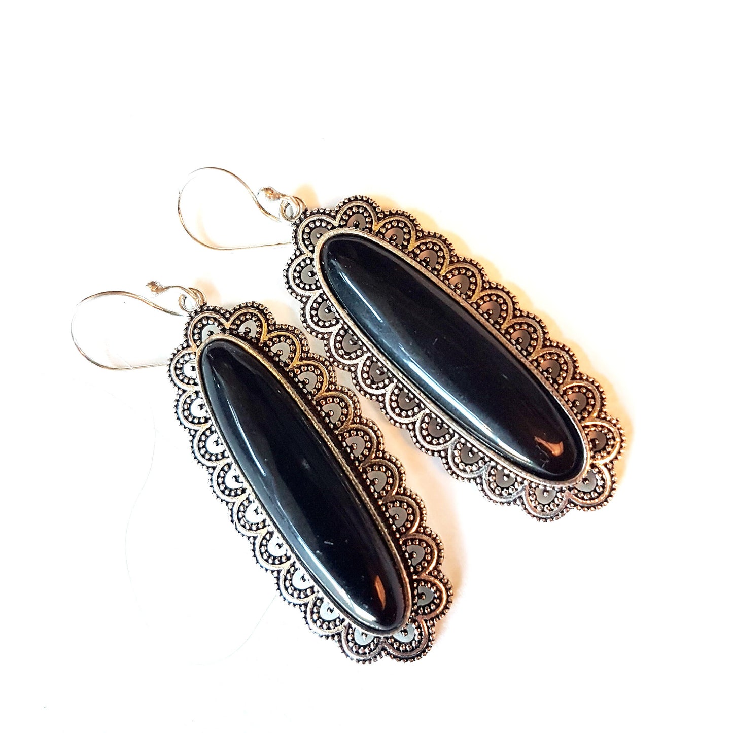 Medieval Reanaissance earrings with long slender oval stones. Victorian silver finish in a handcrafted filigree design. 4 stone choices. - Vintage India Ca