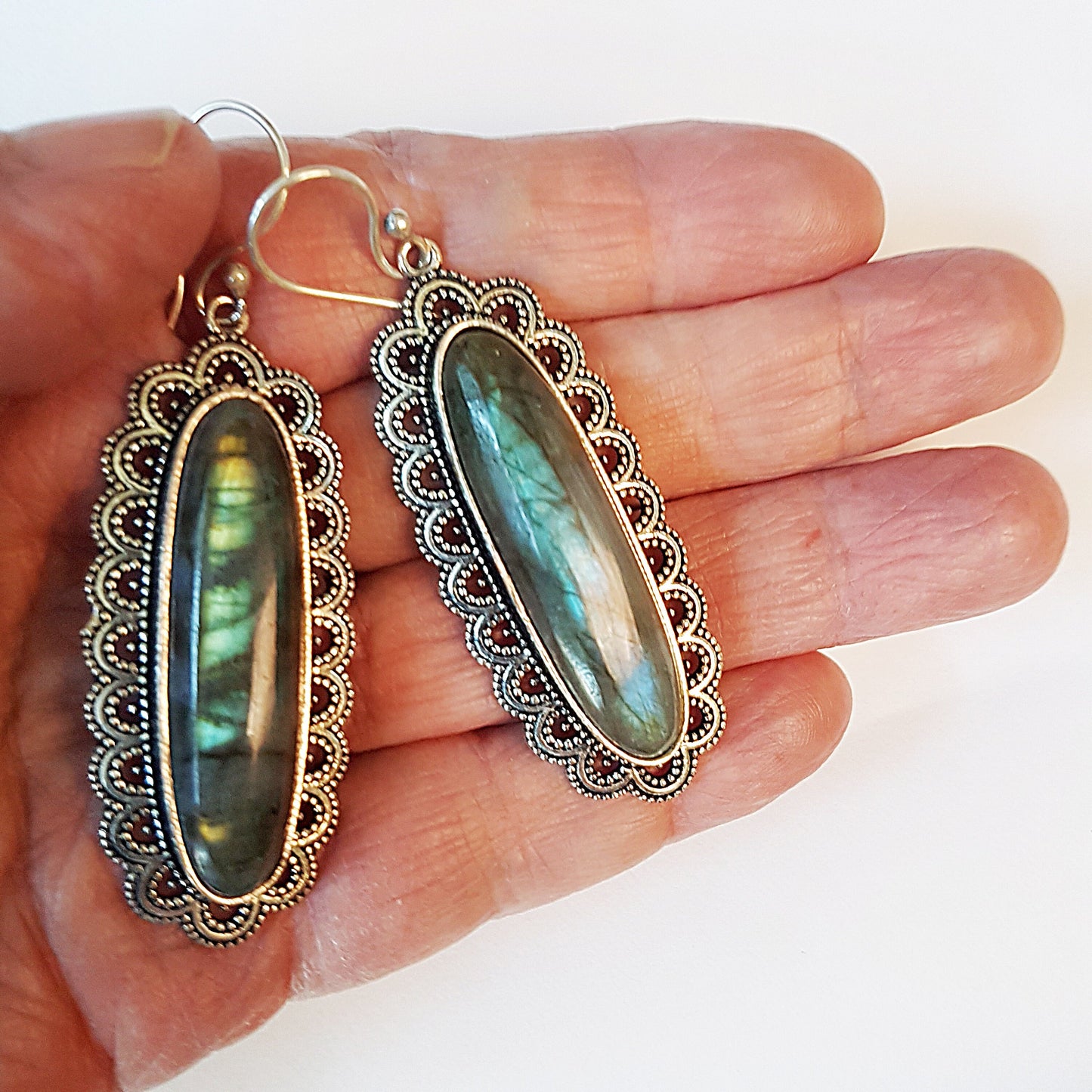 Medieval Reanaissance earrings with long slender oval stones. Victorian silver finish in a handcrafted filigree design. 4 stone choices. - Vintage India Ca