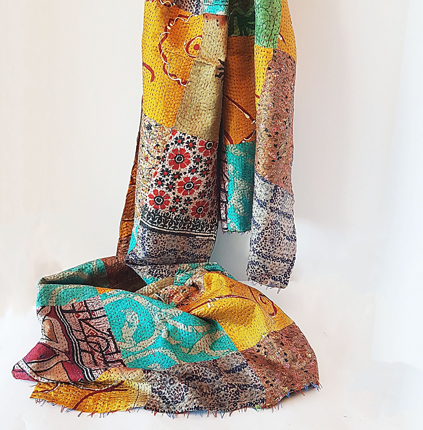 Vintage silk reversible kantha stole wrap. 18 by 72 inches. One of a kind textile tapestry wall art. Use as a runner or living room throw. - Vintage India Ca