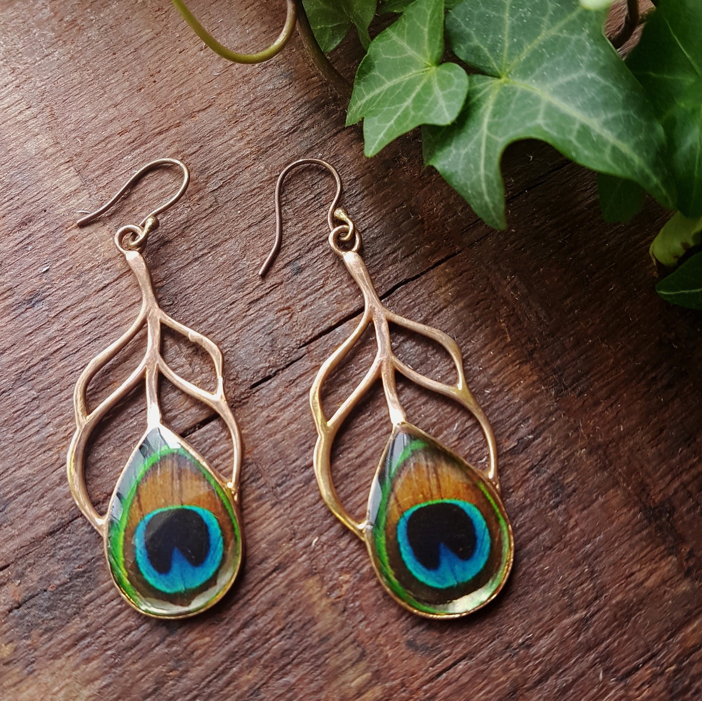 Painted brass & copper peacock feather design earrings. 3 inch dangle drop earrings in turquoise black and green. Symbol of beauty and love. - Vintage India Ca