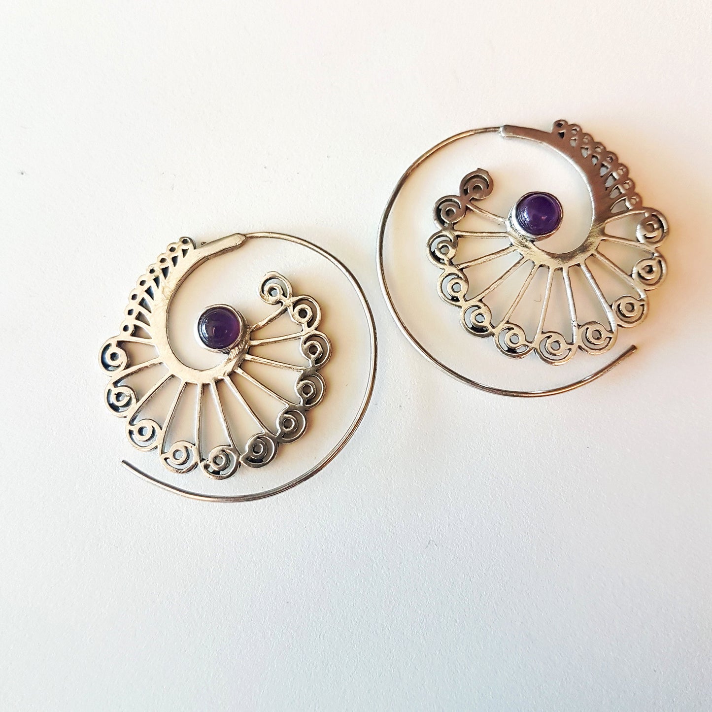 Silver threader earrings with your choice of semi precious stones. Open hoop spiral flower design. Sophisticated Bohemian style. Light wt. - Vintage India Ca
