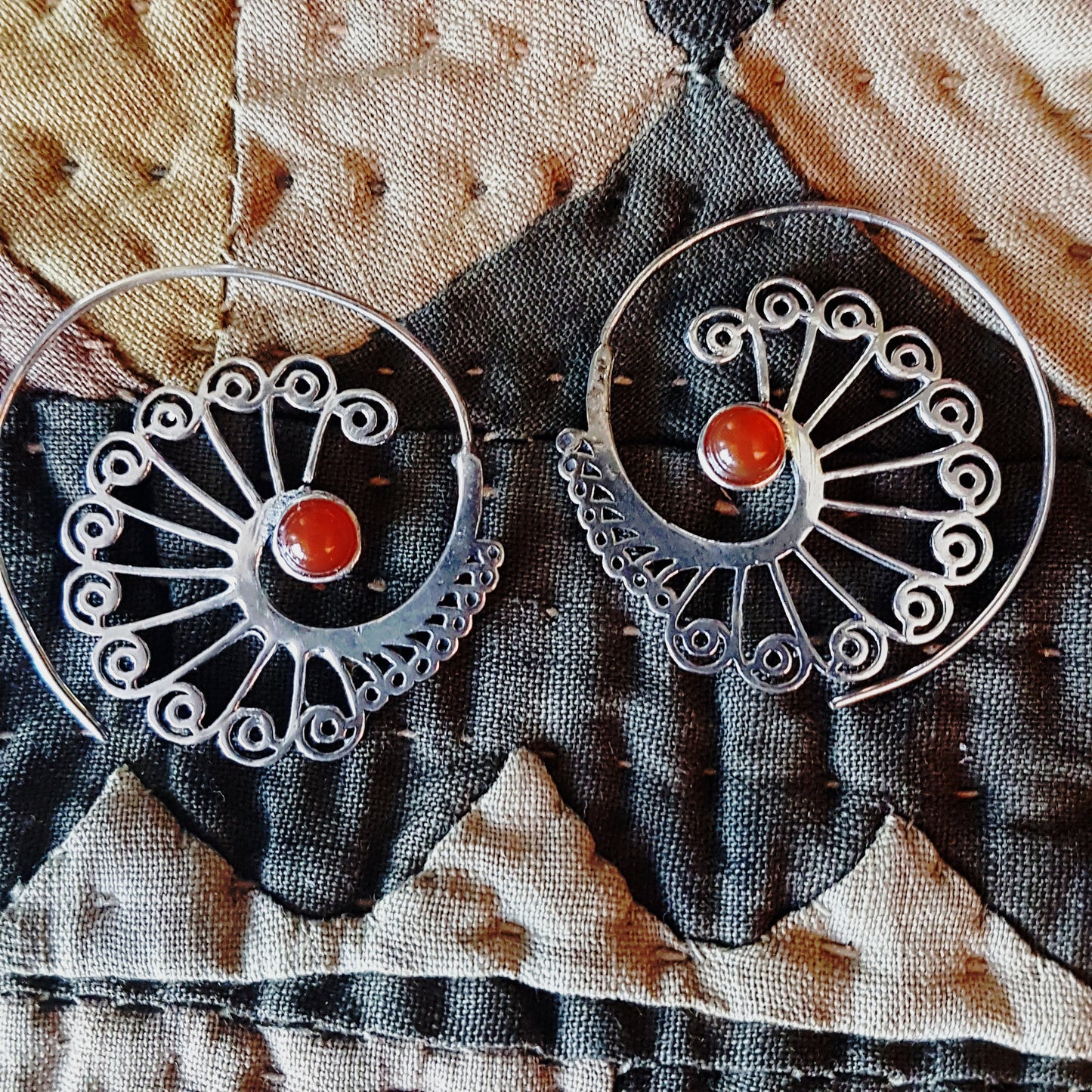 Silver threader earrings with your choice of semi precious stones. Open hoop spiral flower design. Sophisticated Bohemian style. Light wt. - Vintage India Ca