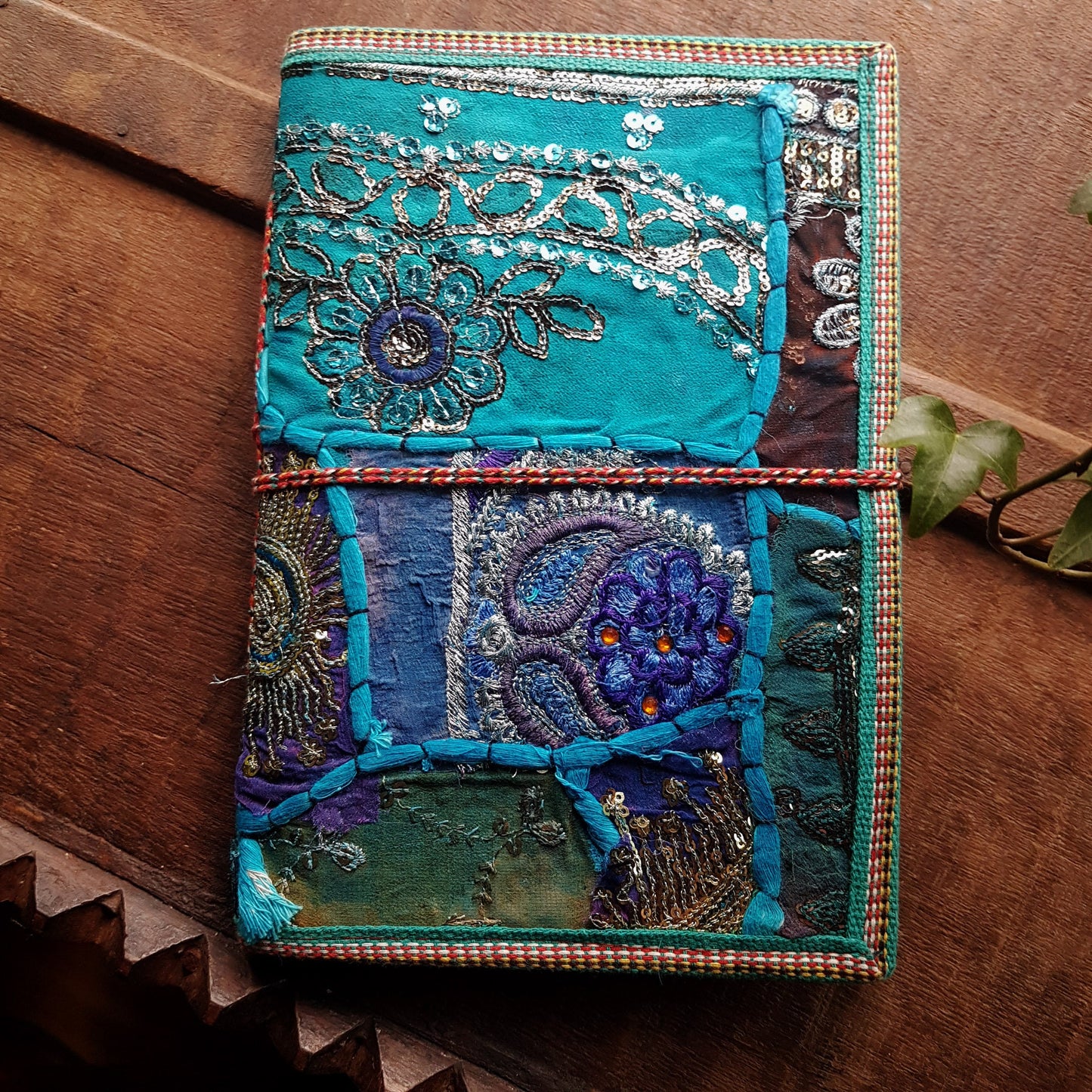 Vintage textile art journal 7 x 10 inch blank book. One of kind handmade notebook diary with a unique beaded jewelled fabric collage cover. - Vintage India Ca