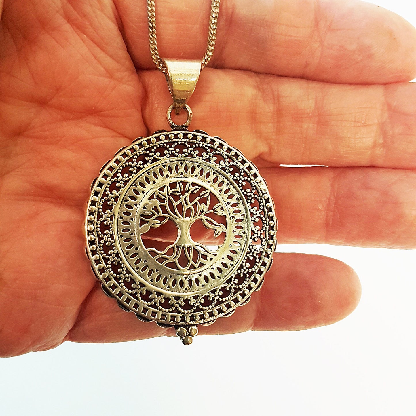 Silver filigree tree of life pendant. Engraved silver disk shape tree pendant necklace. Gender neutral design. 1.75 inch diameter on chain. - Vintage India Ca