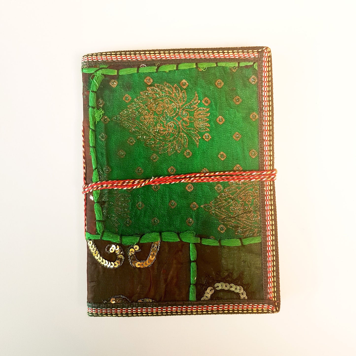 Vintage textile art journal 6 x 8 inch blank book. One of kind handmade notebook diary with a unique beaded jewelled fabric collage cover. - Vintage India Ca