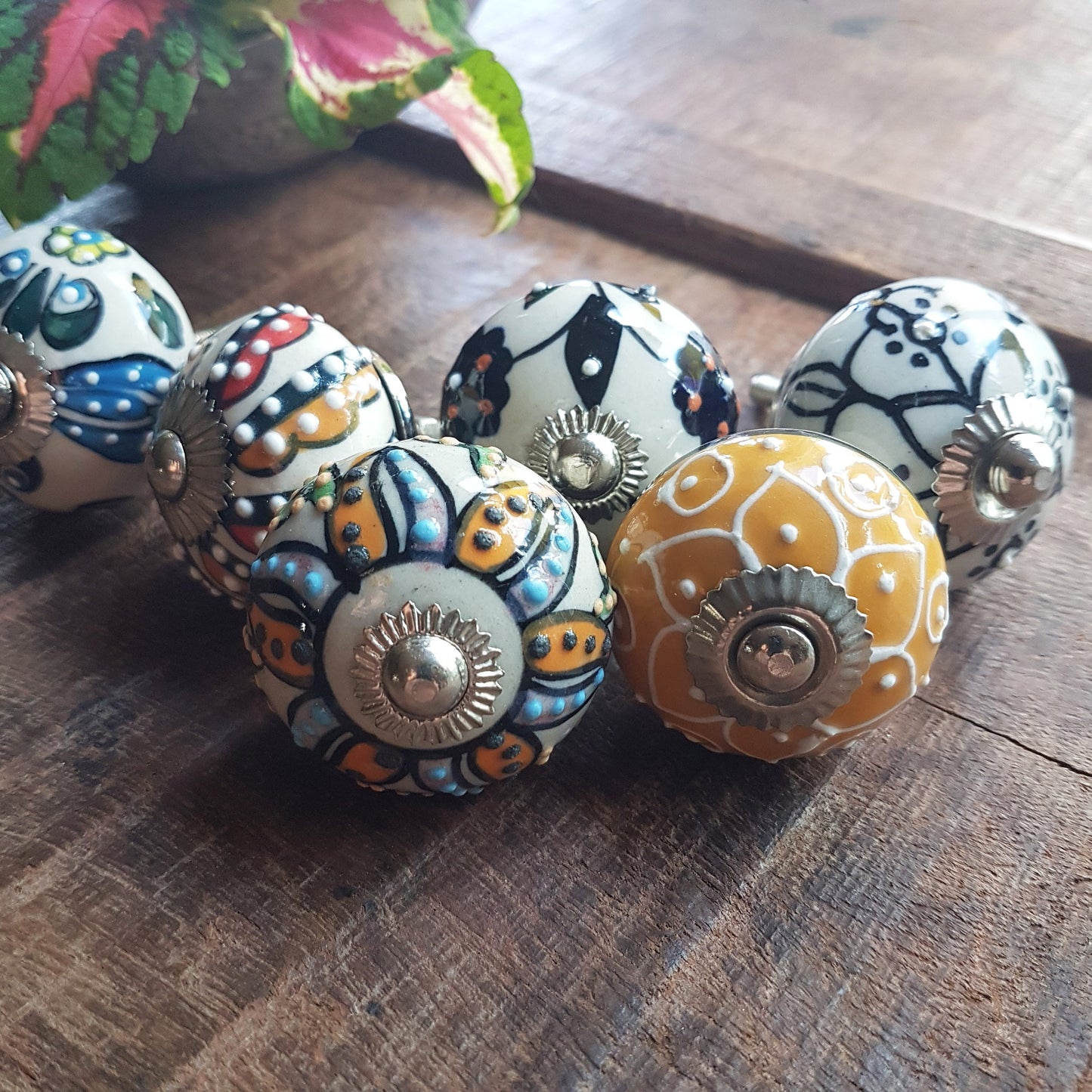 Florentine set of 6 Embossed hand painted knobs in exclusive designs. Standard 1.5 inch size. - Vintage India Ca
