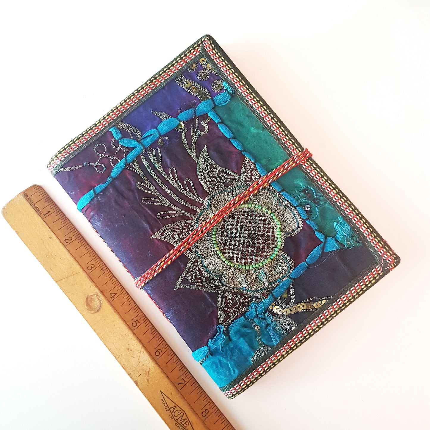 Vintage textile art journal 6 x 8 inch blank book. One of kind handmade notebook diary with a unique beaded jewelled fabric collage cover. - Vintage India Ca