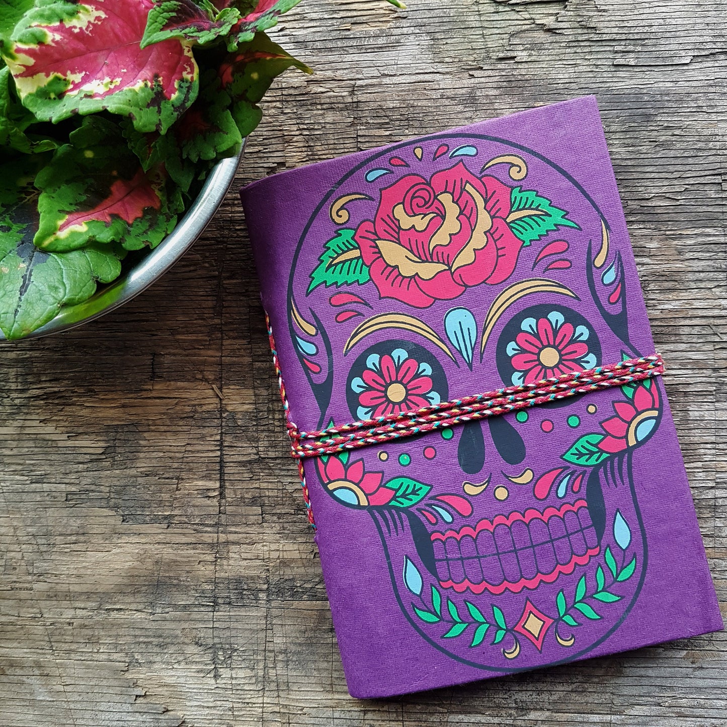 Purple skull sketchbook journal 5 by 7 inches with blank artisan paper pages. Colorful gothic day of the dead sugarskull design in purple. - Vintage India Ca