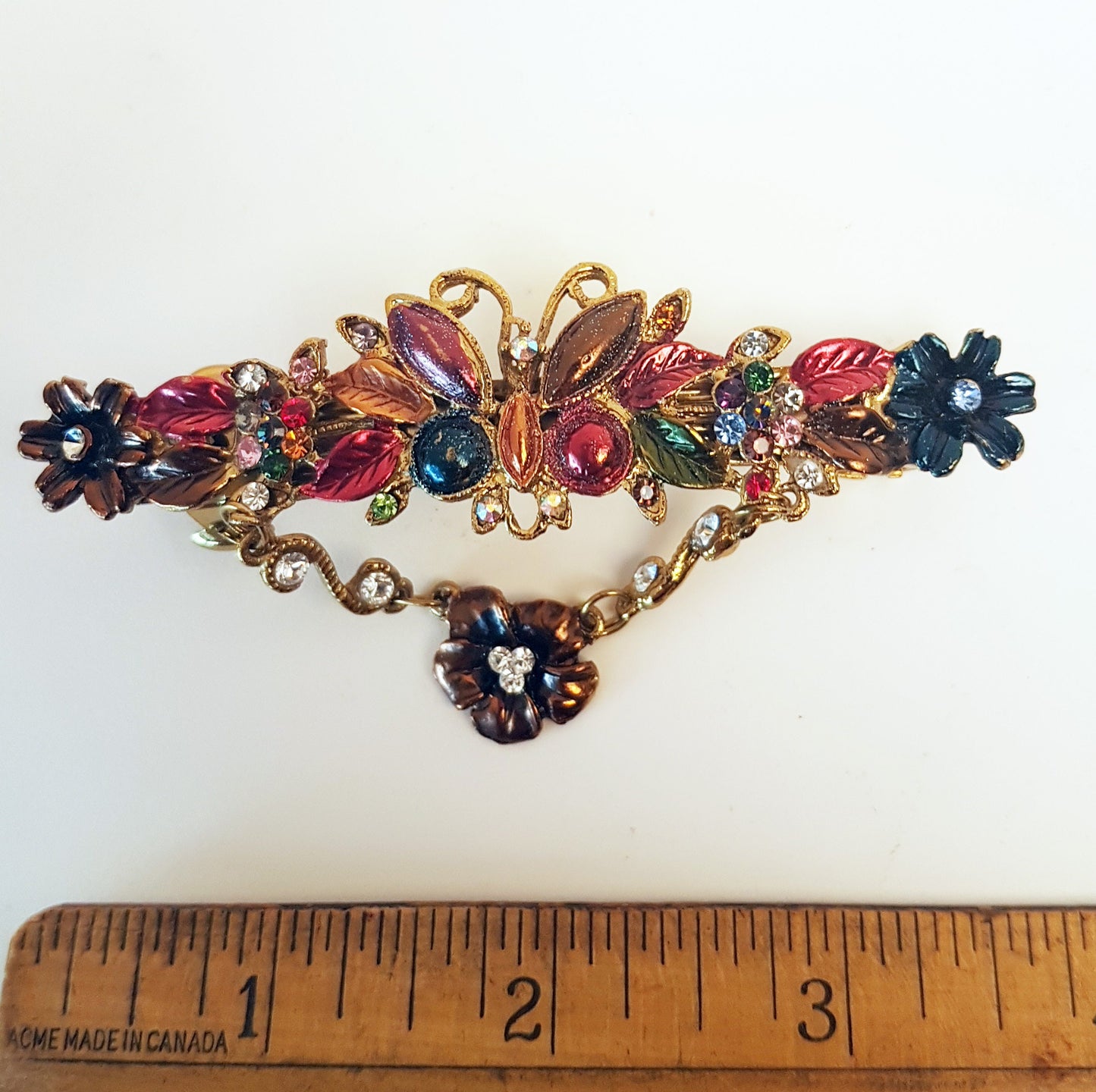Vintage rhinestone barette hairclip. Bohemian butterfly hair jewelry. Victorian flower design hair accessory in gold, rose & blue tones.