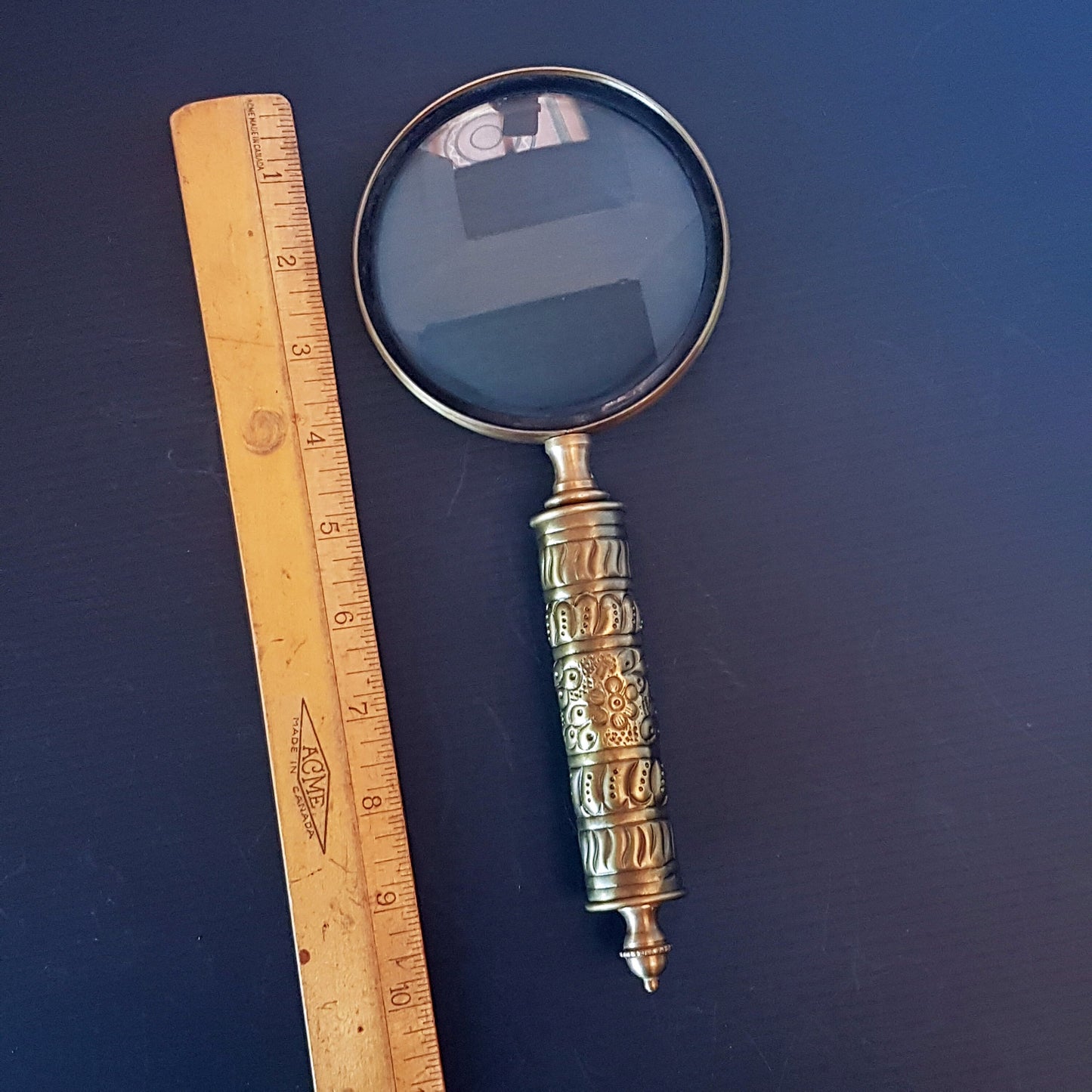 Vintage style magnifying glass with a medieval look tooled brass handle. Old world charm. Read small print easily on food and meds labels. - Vintage India Ca