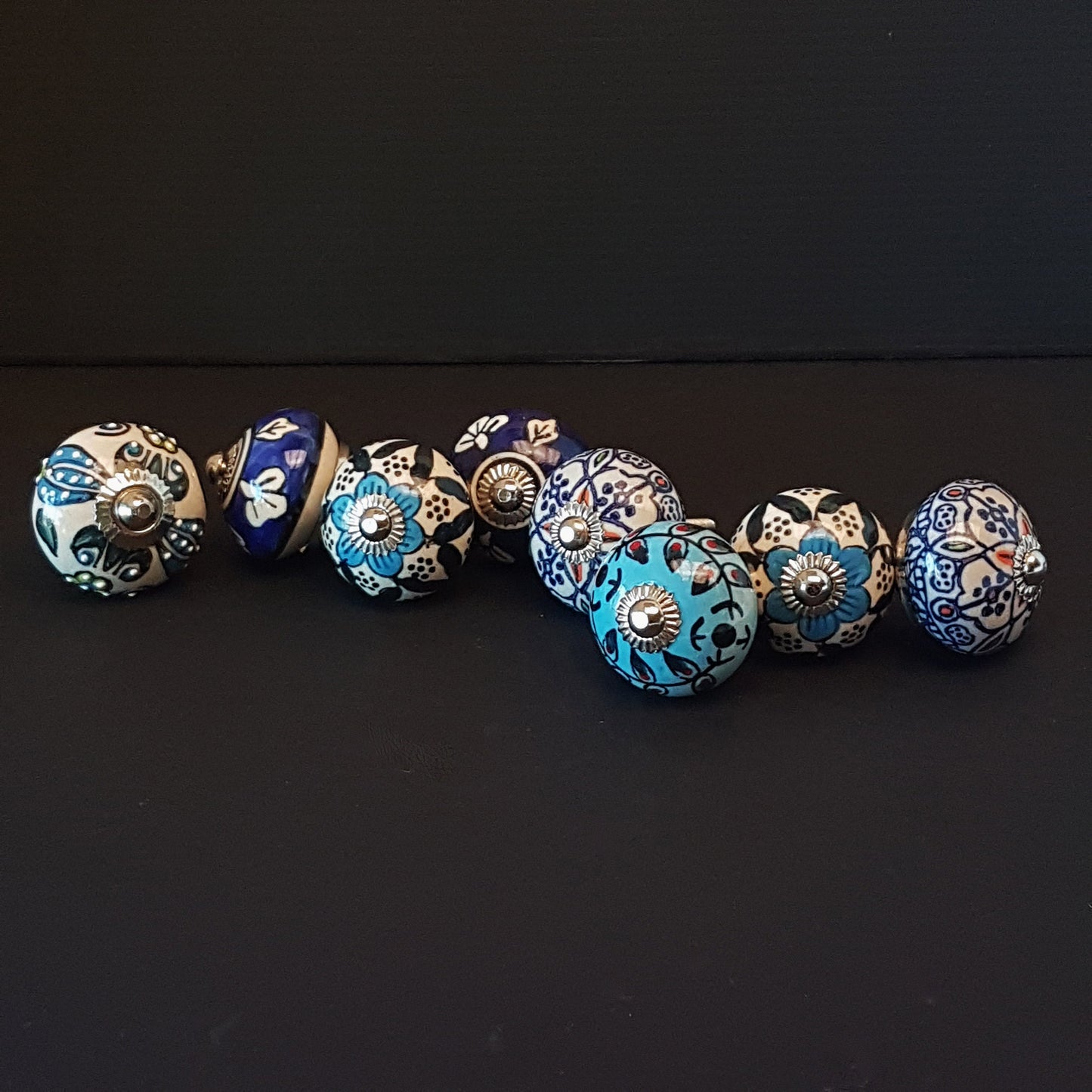 Set of 8 hand painted cabinet knob drawer pulls in vintage designs. Exclusive Farmhouse Blue collection of 8 furniture hardware knob pulls. - Vintage India Ca
