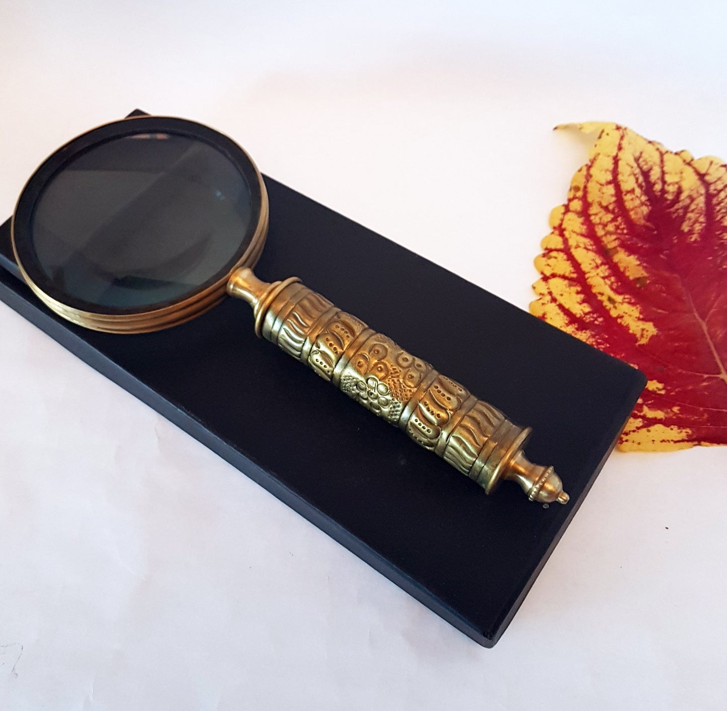 Vintage style magnifying glass with a medieval look tooled brass handle. Old world charm. Read small print easily on food and meds labels. - Vintage India Ca