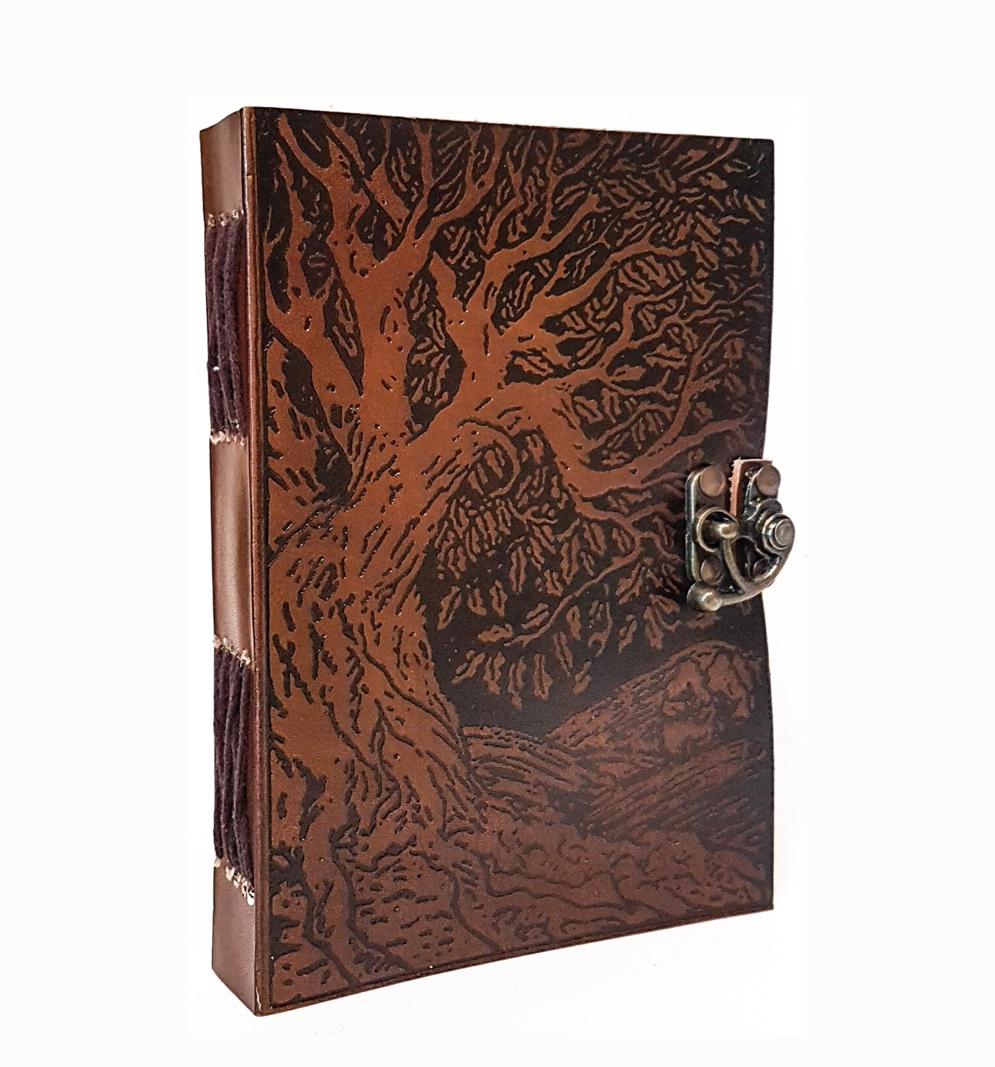 Brown Leather Bound Artisan Handmade Embossed Journal. Gothic Tree of Life Aesthetic