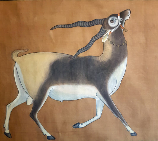 Vintage Original Hand Painted Pichwai painting. Gazelle 42 by 53 inches.