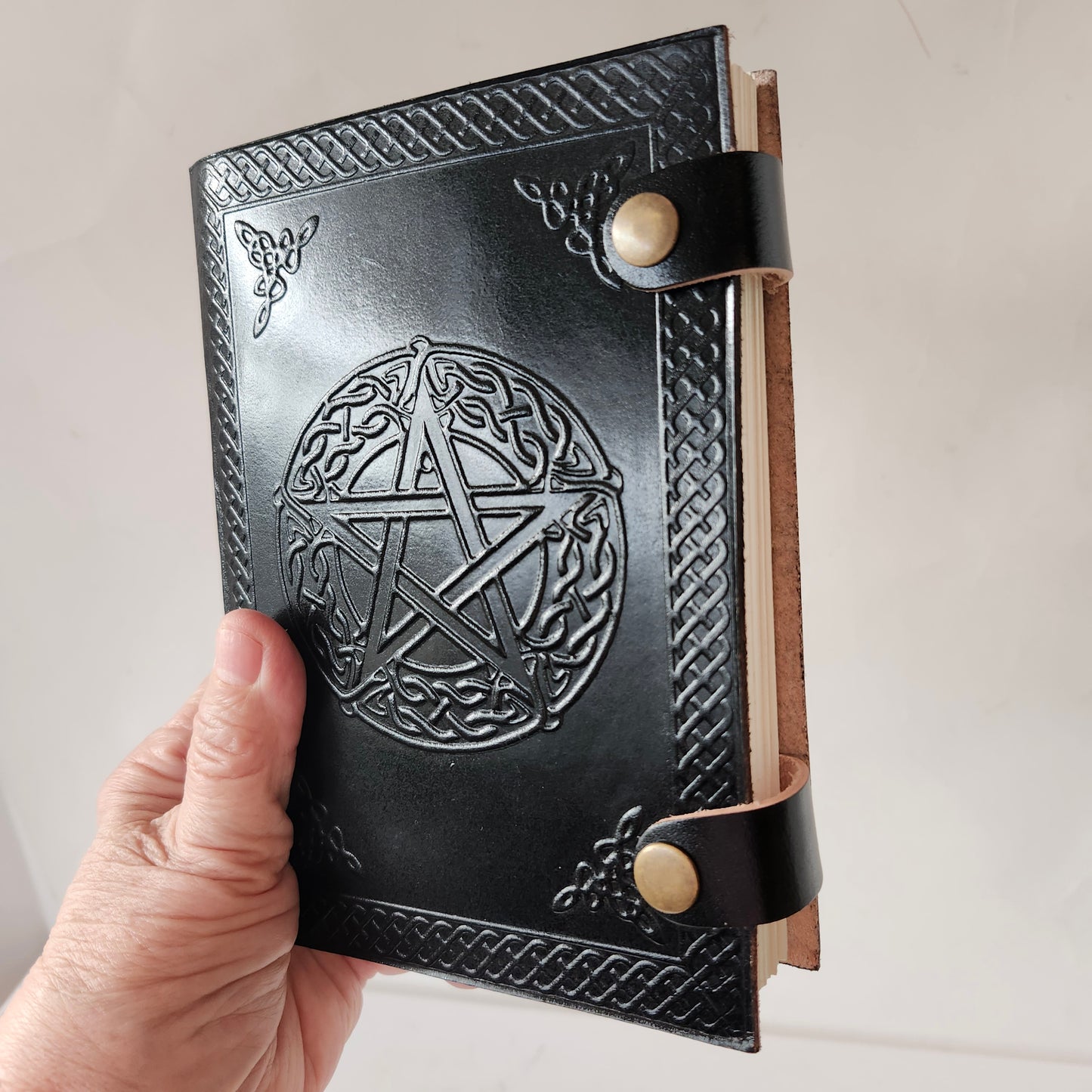 Black Leather Bound embossed Pentagram Journal. 5 x7 inch 200 blank pages.