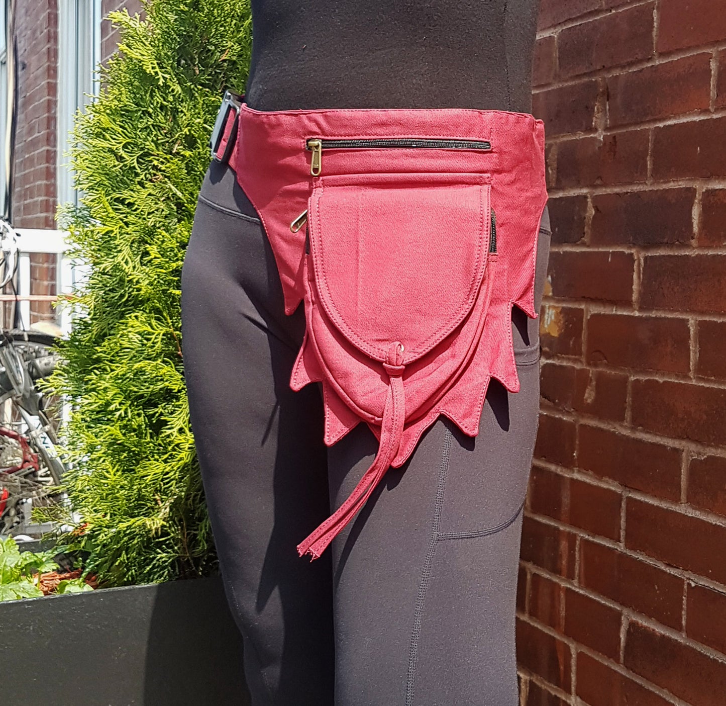 Utility pocket bum bag . Maroon gender neutral festival design. Adjusts to 48 inches. 4 zip pocket money belt for travel, shopping, concerts, raves.