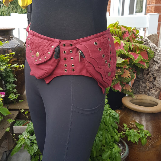 Utility festival belt. Rave dance wear with lace detail. Use as travel & shopping money belt. Adjustable to 48 inches. 4 zip pockets.