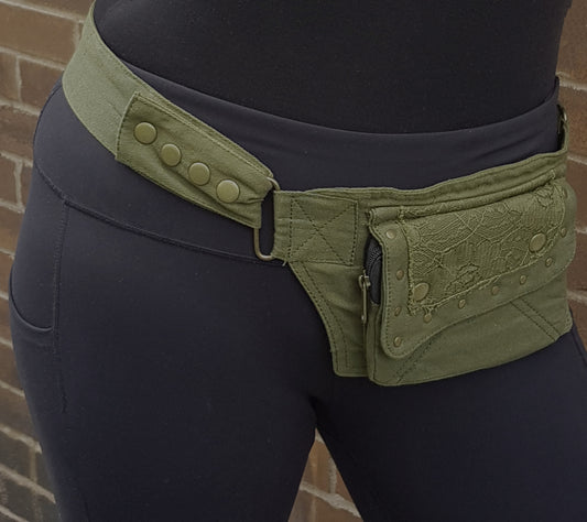 Utility festival belt army green. Lace detail design in army green tone.  Use as travel & shopping money belt. Adjustable to 48 inches. Compact model with 2 pockets.