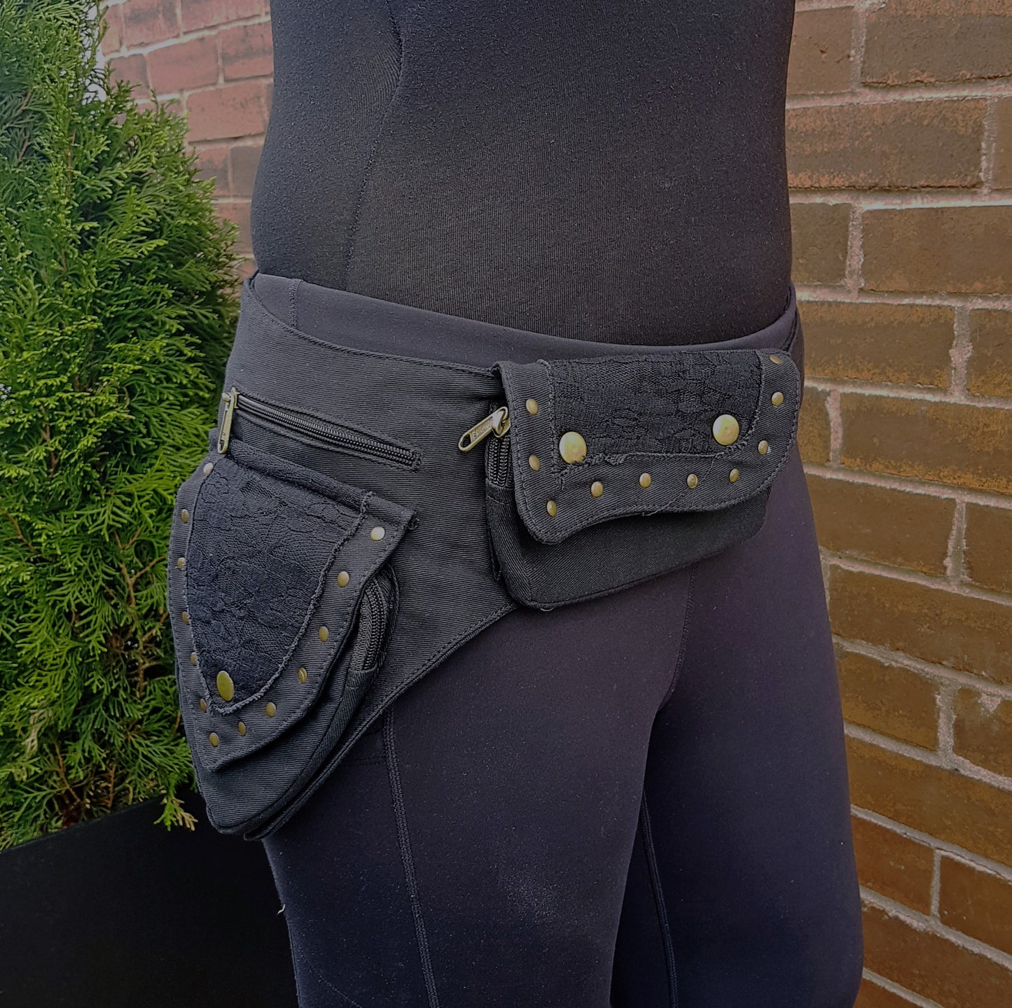 Utility festival rave belt. Black waist-hip-bum bag. Adjustable to 48 inches. Rave dance wear with lace detail. 5 zip pockets.