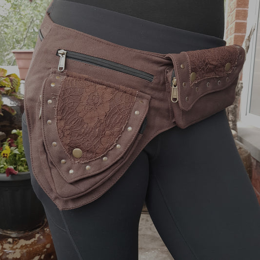 Utility festival rave belt. Dark brown waist-hip-bum bag. Adjustable to 48 inches. Rave dance wear with lace detail. 5 zip pockets.