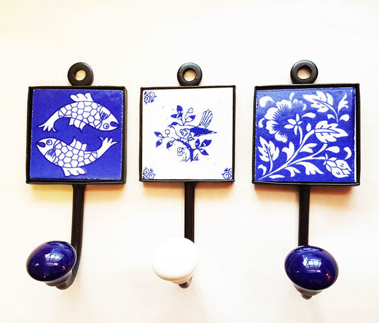 3 Coat hooks-wall hooks for functional home decor. Zen Garden exclusive collection of 3 hand painted ceramic hooks . 4.5 by 2 inches.