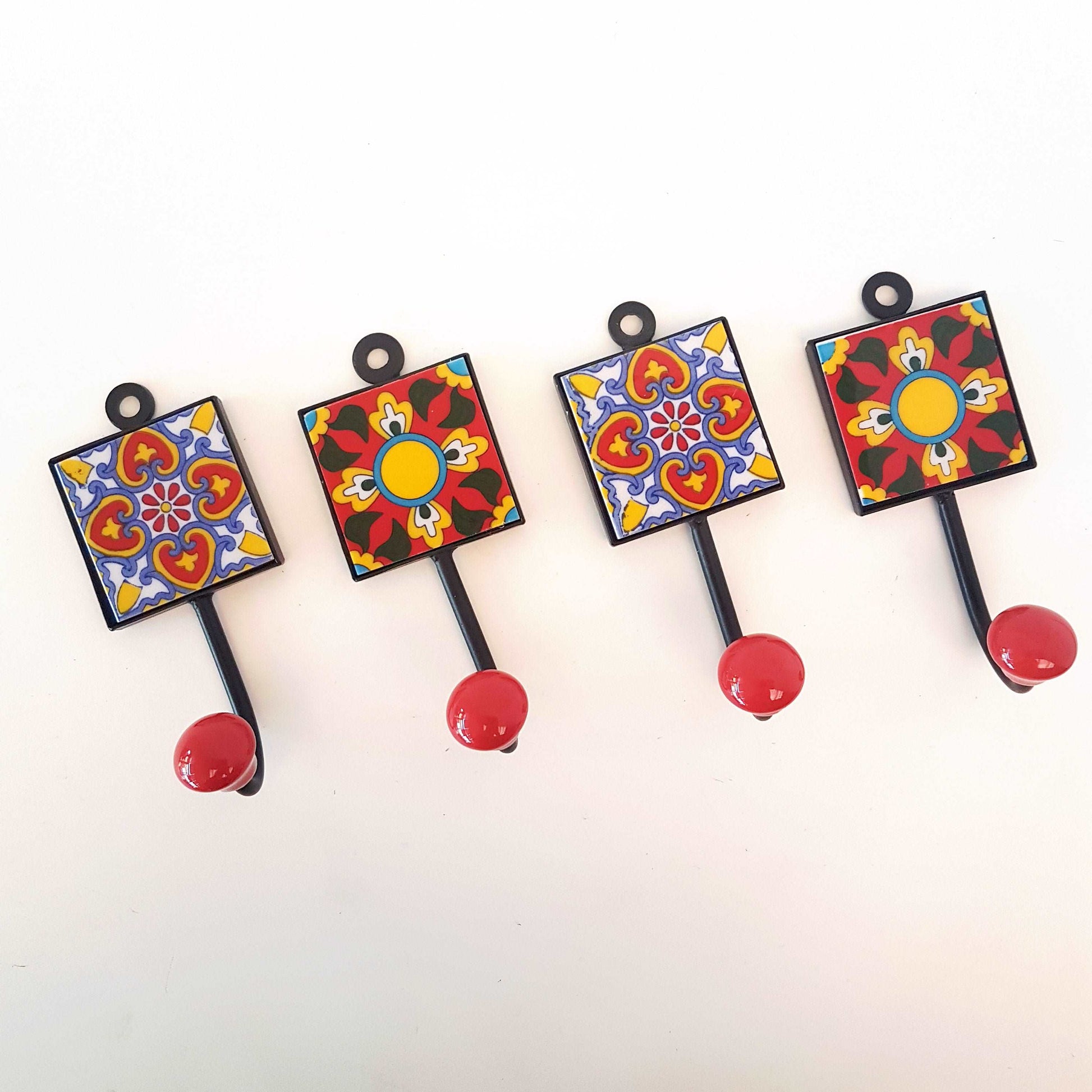4 ceramic tile wall hooks, coat hooks, cup hooks-towel hooks. Hand painted  4 Adria coral tile hook set of 4 pieces. 4.5 by 2 inch size.
