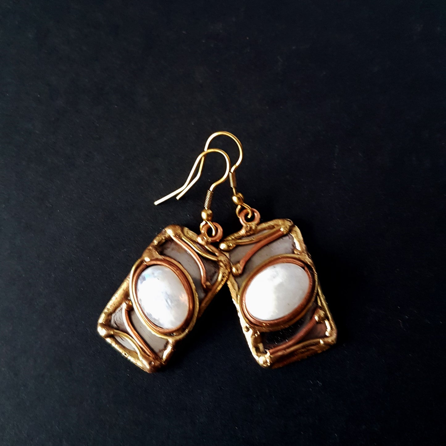 Rectangle Shape Moonstone Earrings in a Unique Silver-Gold Setting.