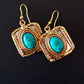 Square Shape Turquoise Gemstone Earrings in a Unique Silver-Gold Setting.