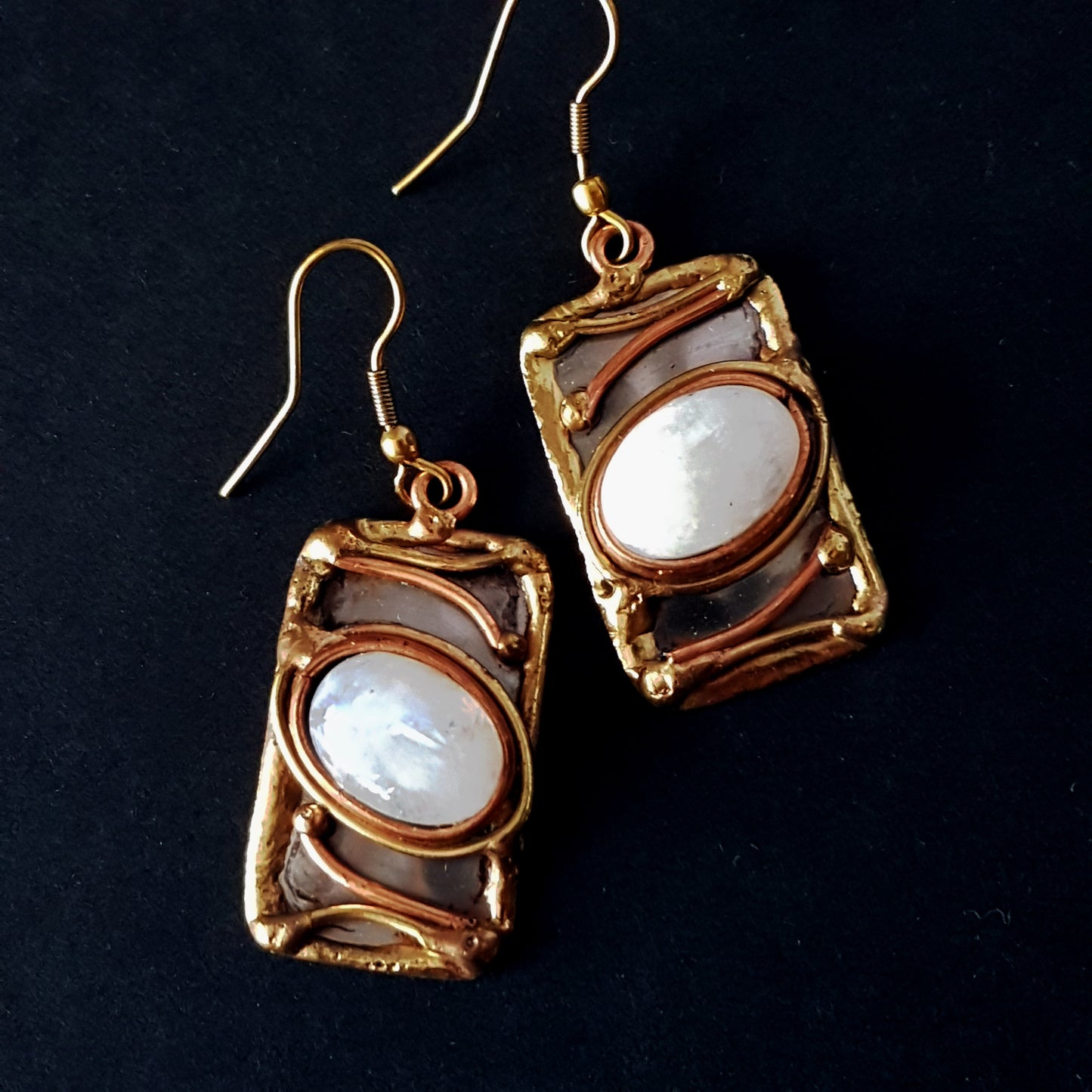 Rectangle Shape Moonstone Earrings in a Unique Silver-Gold Setting.