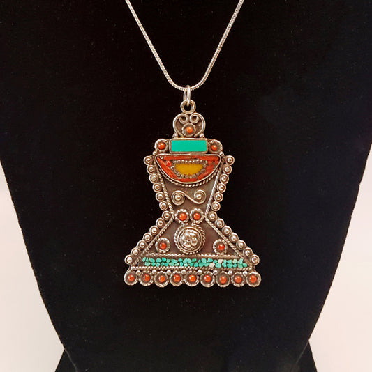 Vintage Silver Tibetan Gemstone Pendant Necklace. Rare One of a Kind.