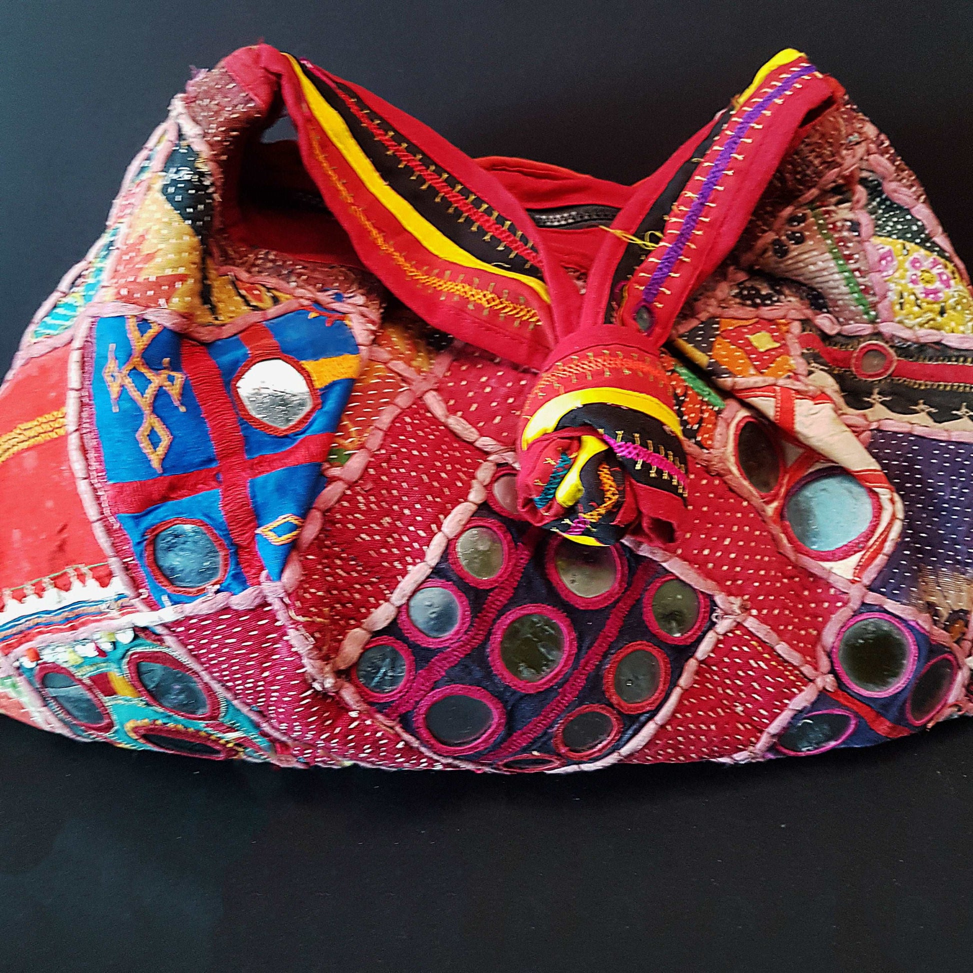 Banjara shoulder bag. Authentic vintage tribal gypsy dowry bag in red & royal blue with hand embroidery. Spectacular mirrorwork decoration.