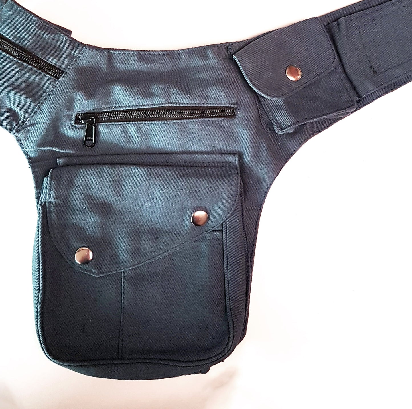 Utility festival belt in black,army green, blue. Unisex travel & shopping money belt.  Adjustable to 48 inches. 6 pockets-4 zip, 2 cargo . Handy coin pouch.