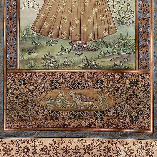 Vintage Hand Painted Original Pichwai Art on Silk Canvas. Boy with Falcon. Mughal Court Style. Rare Collectible. One of a Kind Unframed.